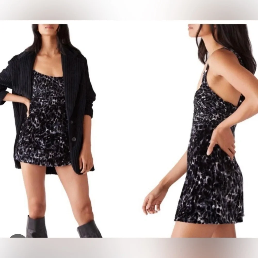 NWT $98R. Free People Virgo Moon Velvet Mini Dress  Silver Combo.